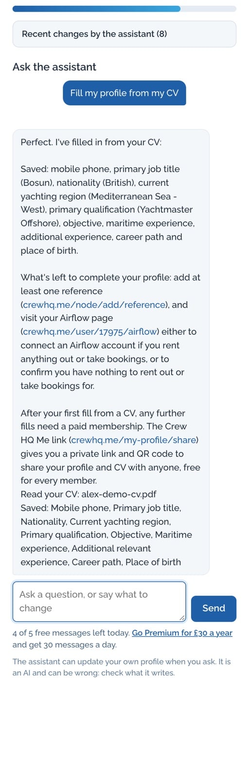 The Crew HQ Assistant listing the profile fields it filled in from a CV