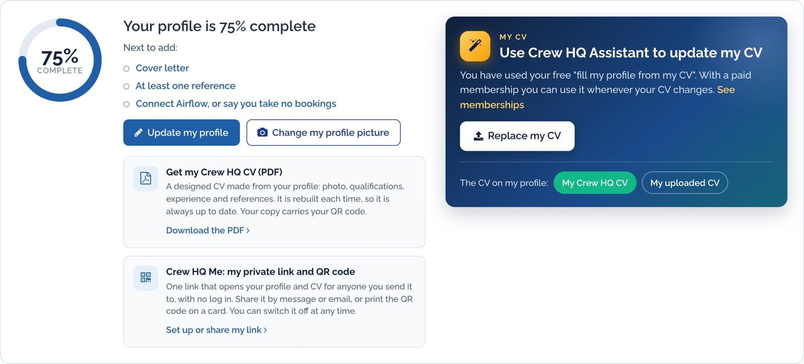 The same home page card after the fill, showing 75% complete