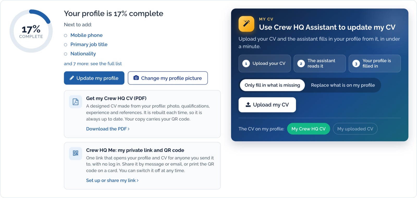 The Crew HQ home page card showing a profile that is 17% complete, with the CV upload box
