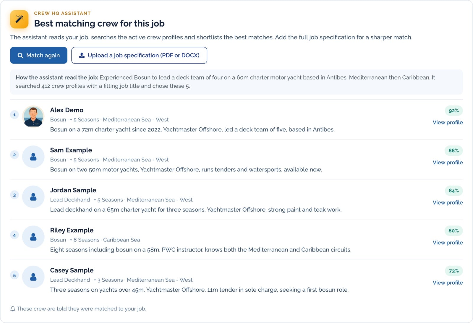 A shortlist of matching crew under a job, each with a fit percentage and a reason. Sample data.
