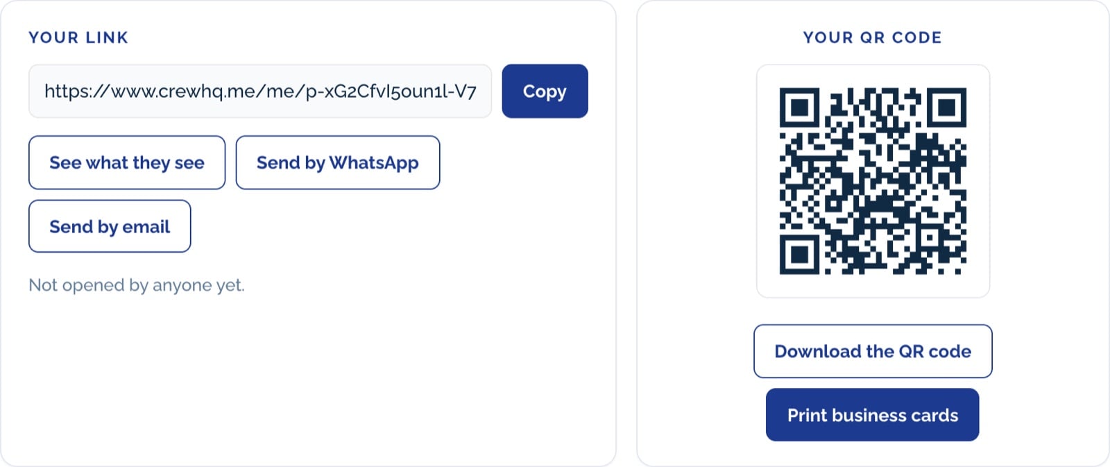 The Crew HQ Me page showing a private link, share buttons and a QR code
