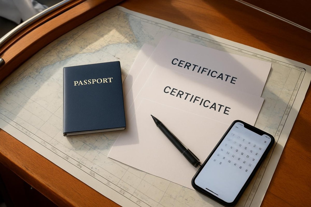 STCW certificates, a seafarer medical and a passport laid out on a chart table