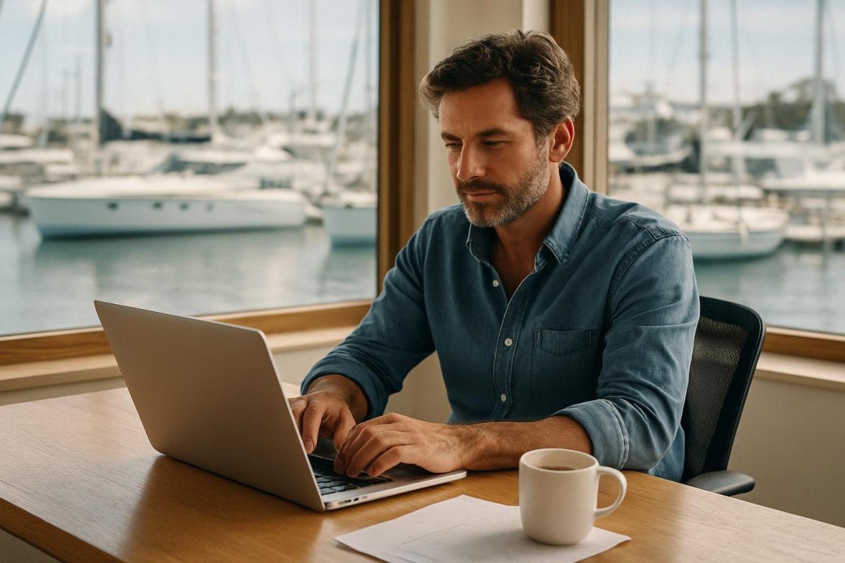 A small business owner at a marina office desk looking at a laptop