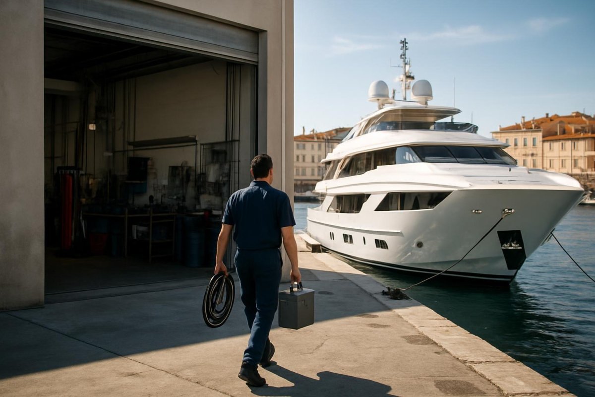 A marine services workshop on a quay with a superyacht alongside