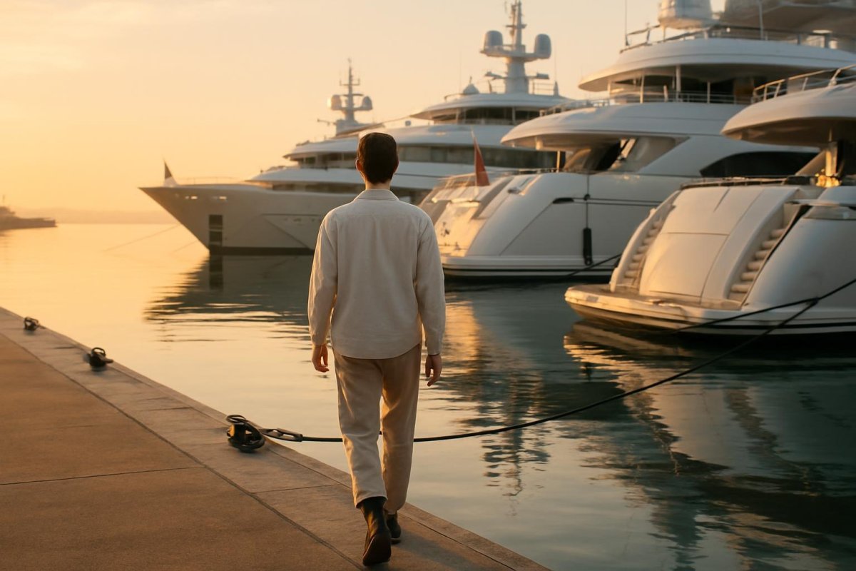 Young crew member walking a marina dock at sunrise past moored yachts