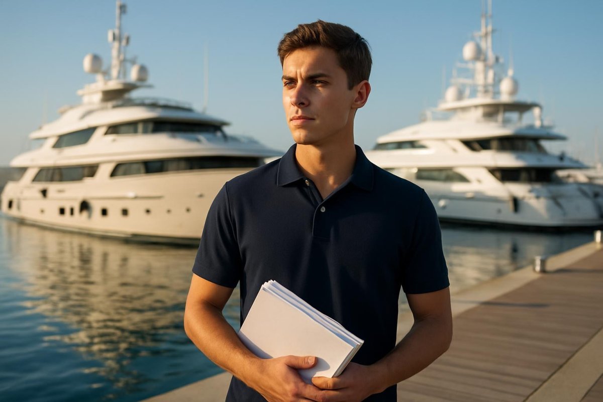 A new crew member on the dock with a folder of certificates, yachts behind