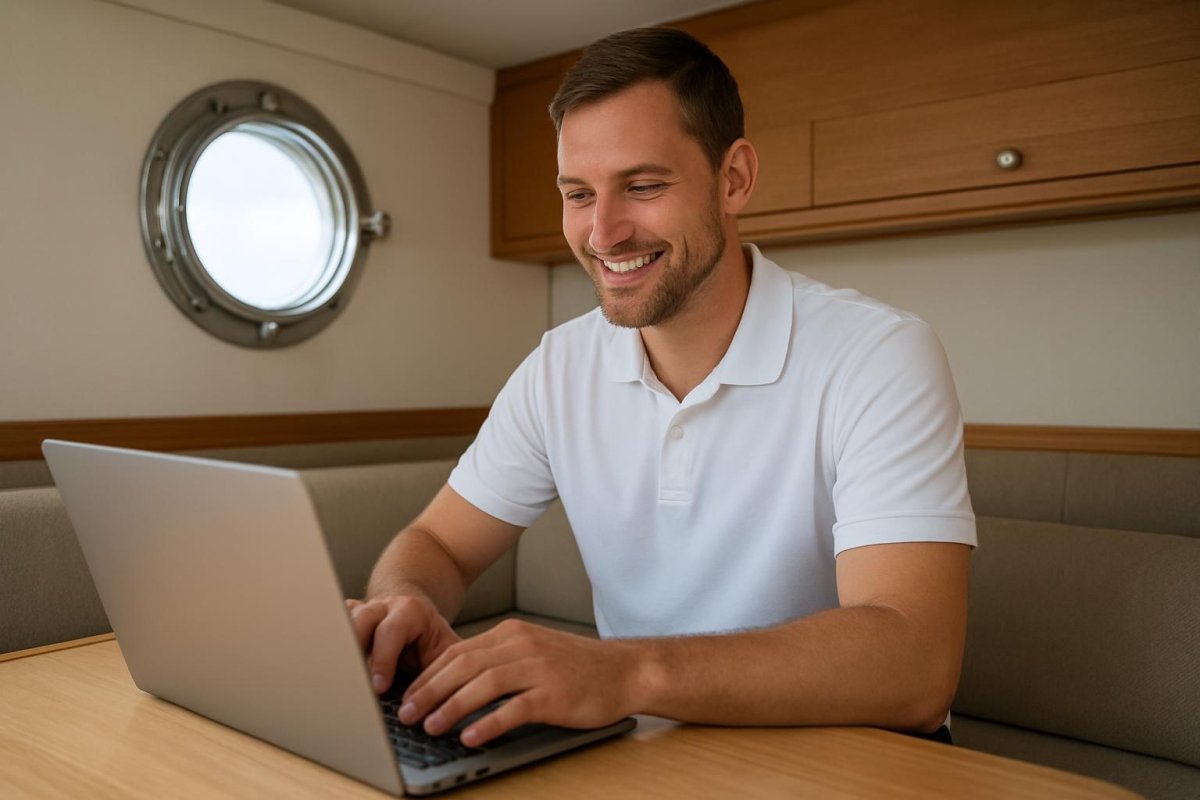 Crew member in a polo shirt on a video call interview in a yacht crew mess