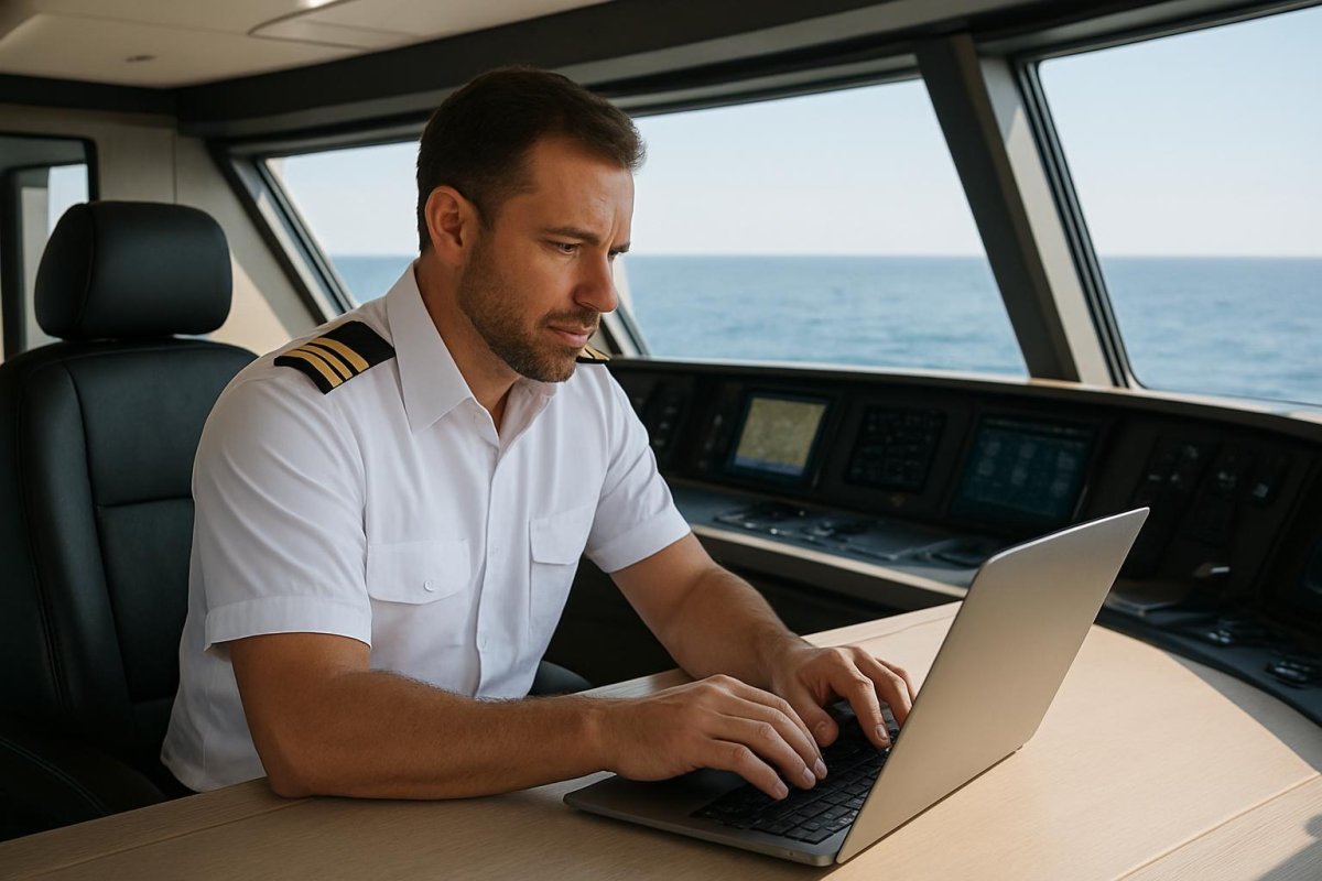A yacht captain writing on a laptop at the bridge desk