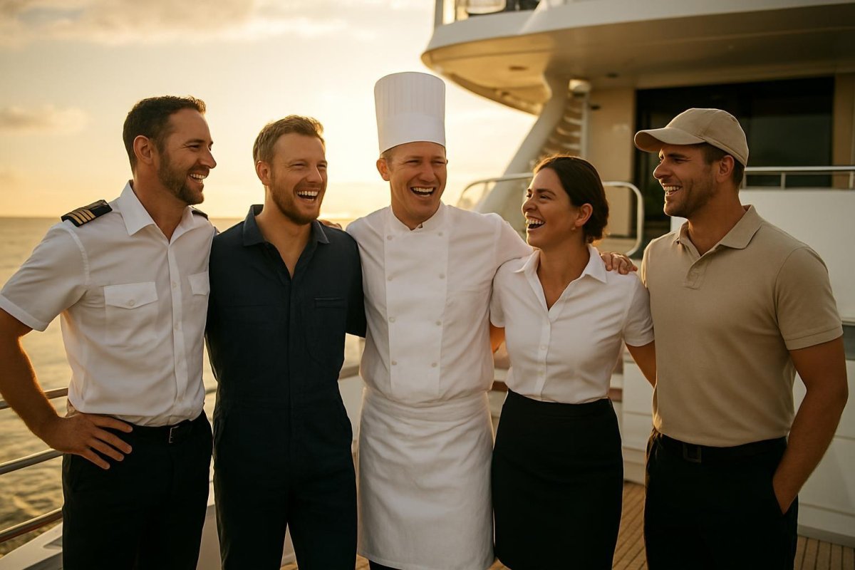 Yacht crew of different departments together on deck at golden hour