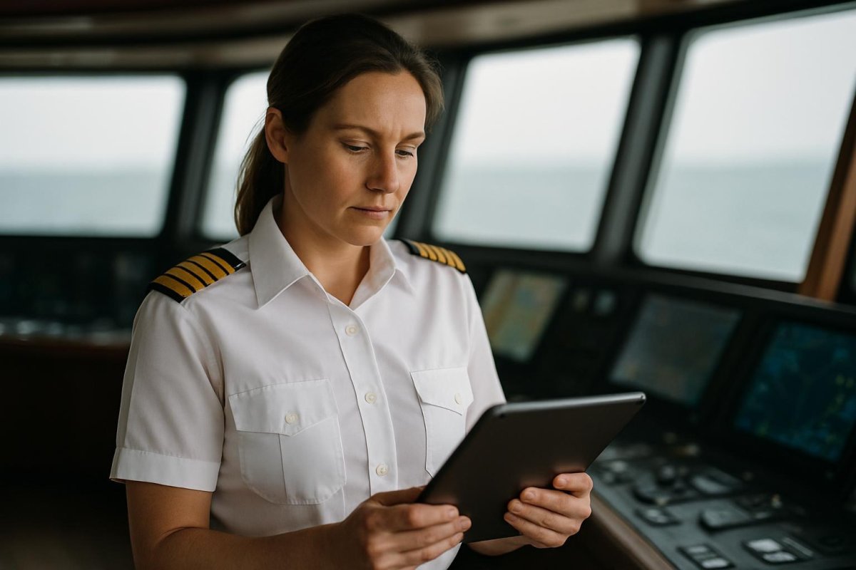 A chief officer reviewing crew profiles on a tablet in the wheelhouse