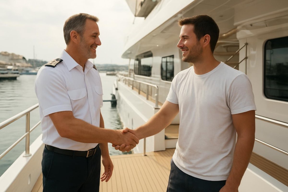 A captain and a deckhand shaking hands on the aft deck at the end of a season