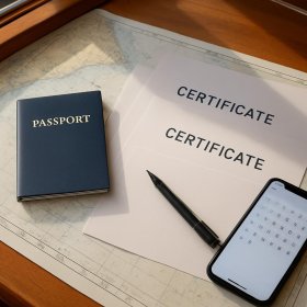 STCW certificates, a seafarer medical and a passport laid out on a chart table