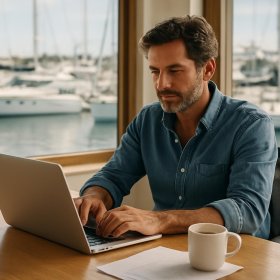 A small business owner at a marina office desk looking at a laptop