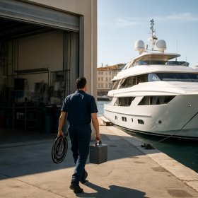 A marine services workshop on a quay with a superyacht alongside
