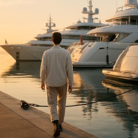 Young crew member walking a marina dock at sunrise past moored yachts