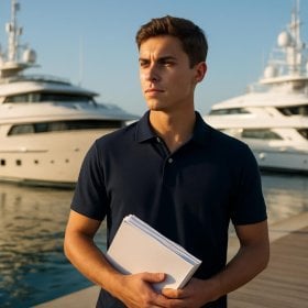 A new crew member on the dock with a folder of certificates, yachts behind