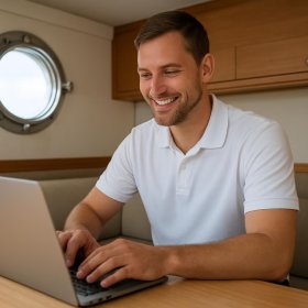 Crew member in a polo shirt on a video call interview in a yacht crew mess