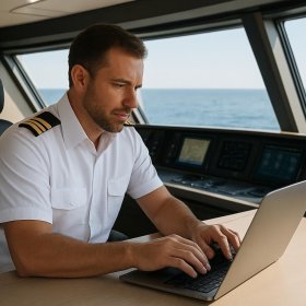 A yacht captain writing on a laptop at the bridge desk