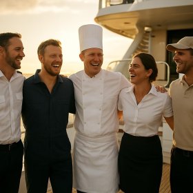 Yacht crew of different departments together on deck at golden hour