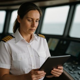 A chief officer reviewing crew profiles on a tablet in the wheelhouse