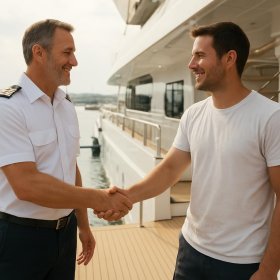 A captain and a deckhand shaking hands on the aft deck at the end of a season