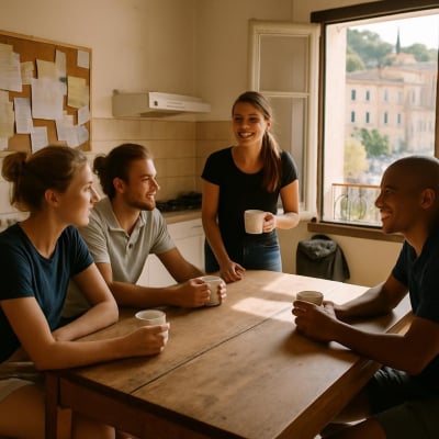 Crew around the kitchen table in a crew house