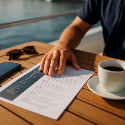A printed CV on the deck table of a yacht