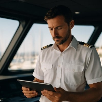 A yacht captain reading a tablet on the bridge
