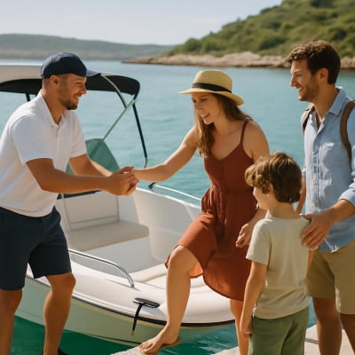 A skipper welcoming guests aboard a day charter boat